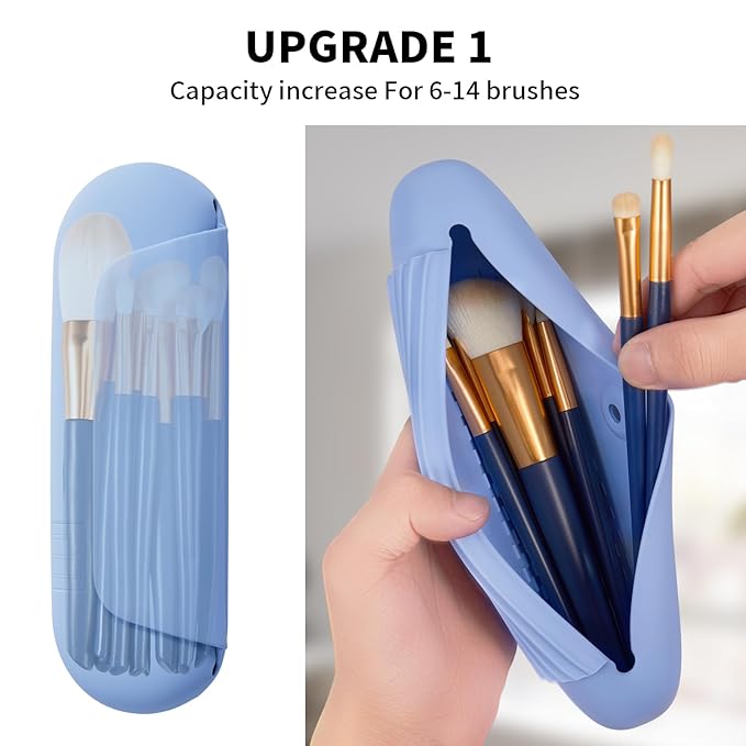 AGIKET Silicone Makeup Brush Holder Travel Cosmetic Bag：Soft Portable Cosmetic Face Brushes Holder with Upgrade Anti-Fall Out Magnetic Closure, Large Travel Makeup Brush Case - Blue
