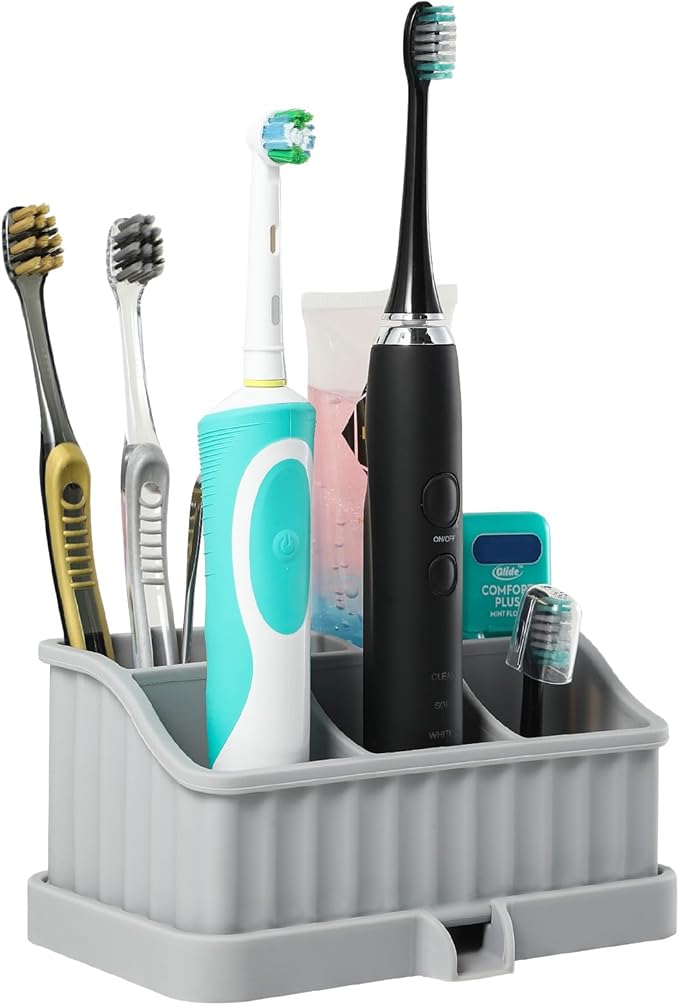 Silicone Toothbrush Holders for Bathrooms, 5 Slots Detachable Toothbrush and Toothpaste Holder, Bathroom Countertop Organizer and Storage (Grey)