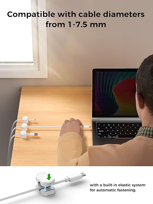 KMOUANTS 6 Pack Elastic Cable Clips [auto Tighten] Cable Holder, Desk Cable Management, Cord Organizer for Home Office Desk Phone car wall Mounted Desktop nightstand Cable Management（White
