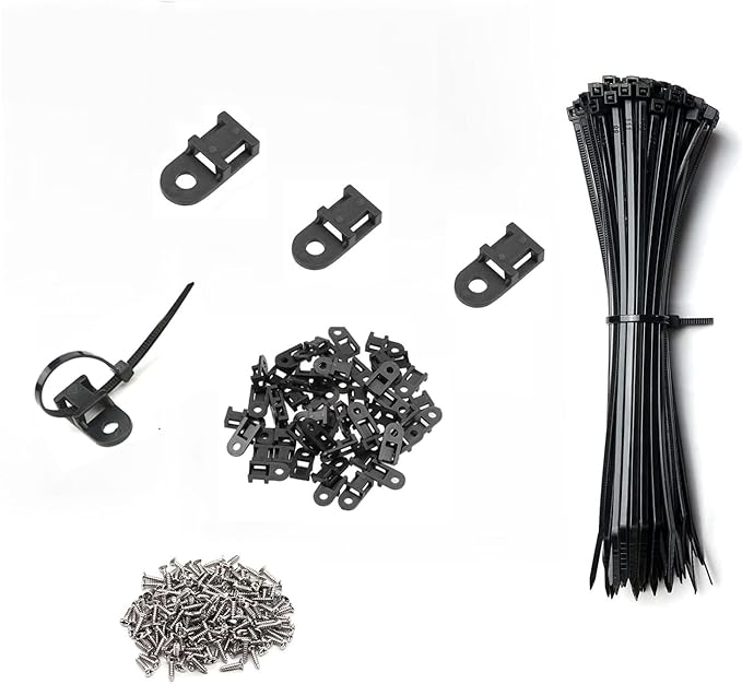 Black Cable Zip Tie Mounts Kit - 100 Pcs Saddle Type Mounts Base With 100 6" Nylon Cable Ties And 100 Tapping Screws