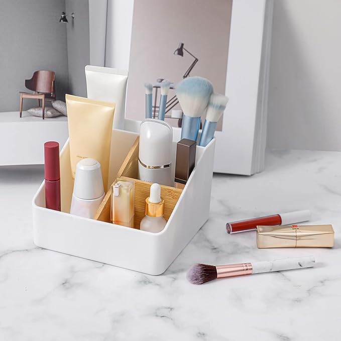 Toothbrush Holder for Bathrooms, 4 Slots Tooth Brush Holder with Detachable Bamboo Dividers, Countertop Organizer for Electric Toothbrushes, Toothpaste, Razors, Floss - Wihte