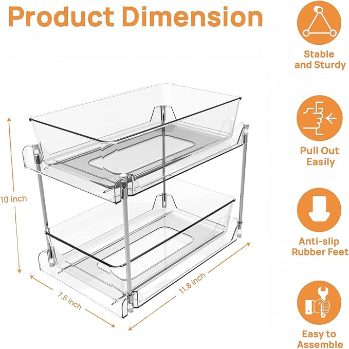 2 Pack Bathroom Organizer,2 Tier Clear Under Sink Organizers Vanity Countertop Storage Container,Cabinet Drawers Bins, Pull-Out Organization with Track for Pantry, Kitchen