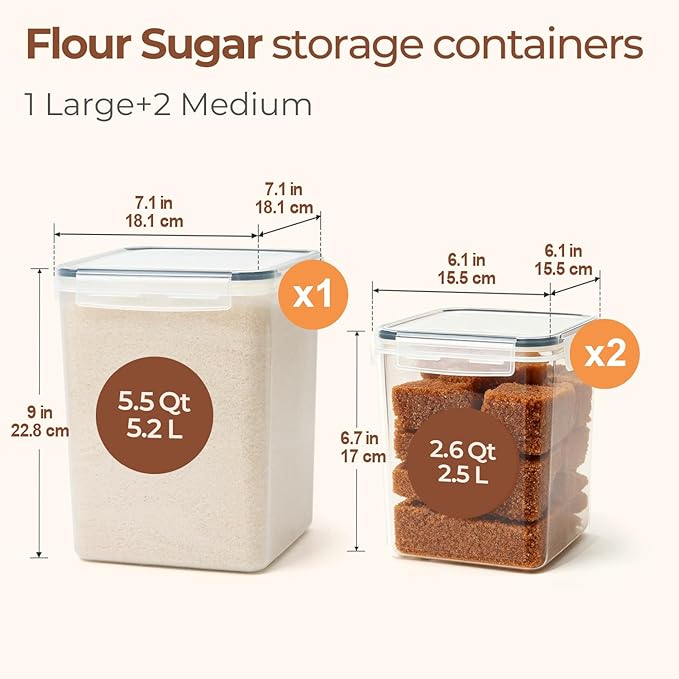 3 PCS Airtight Flour and Sugar Container for Pantry, 5lb Flour Capacity