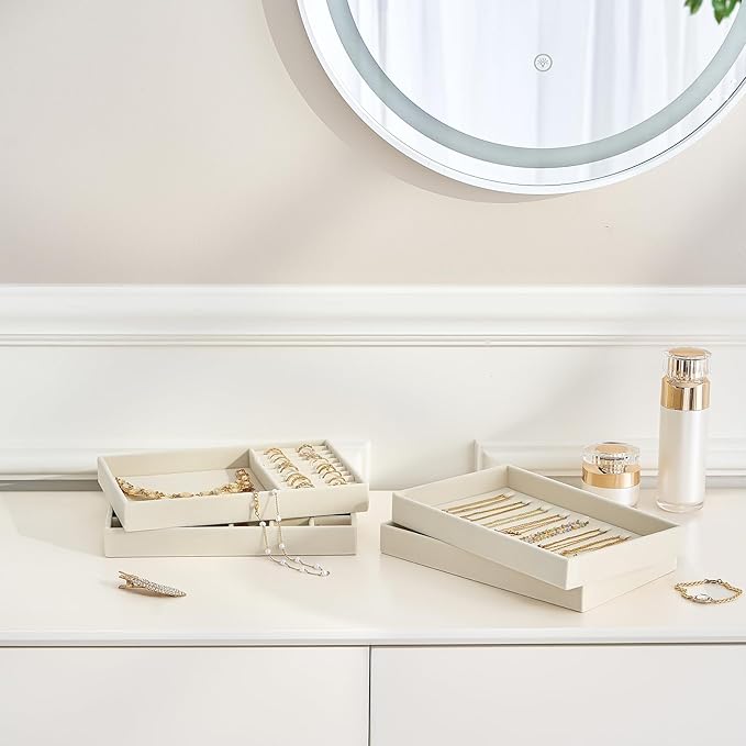 ProCase Stackable Jewelry Organizer Trays for Drawers, Jewelry Drawer Inserts Container Display Case Storage for Earring Necklace Rings Bracelet with Removable Dividers -Beige, 4 Layers