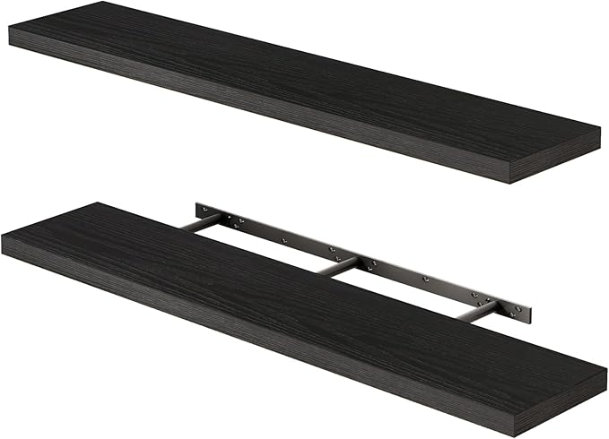 Fixwal Floating Shelves for Wall, 47" Long Heavy Duty Wall Mounted Rustic Wood Shelves for Living Room, Bedroom, Bathroom and Kitchen, Wall Shelves for Storage, Books, Room Decor (Black, Set of 2)