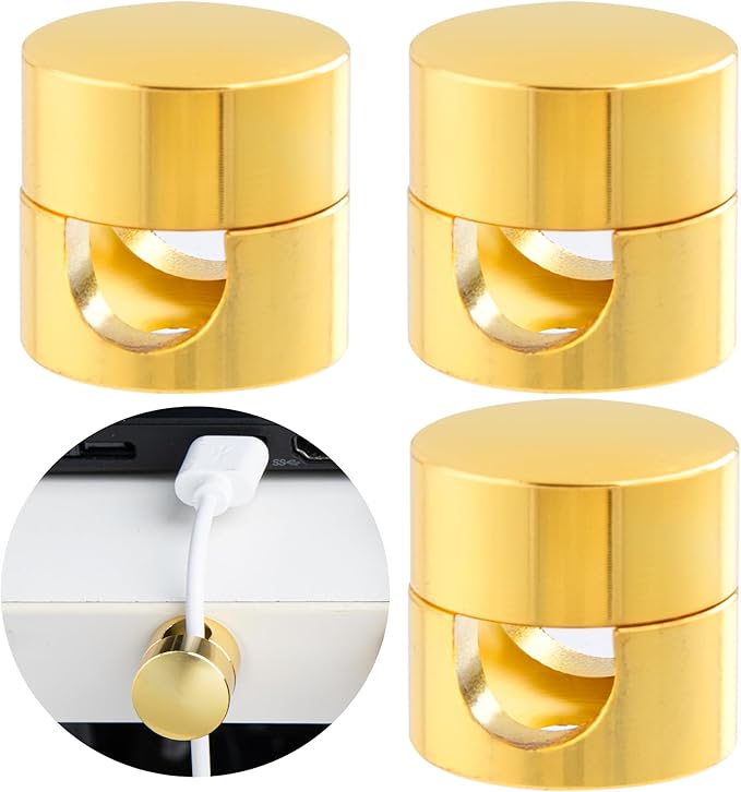 SmallCat 3 Sets Charger Holders for Cords, Gold Adjustable Cable Anchor Holders, Adhesive Metal Cord Clips, Cable Management Wire Organizers for Desk, Office, Nightstand