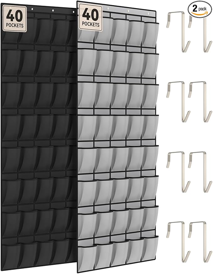 dodowin Over the Door Shoe Organizers, 2 Pack (1 Black & 1 Grey) -40 Deep Mesh Pockets Each, Over The Door Shoe Rack, Space Saving Hanging Storage Holder for Closets, Shoes & Accessories