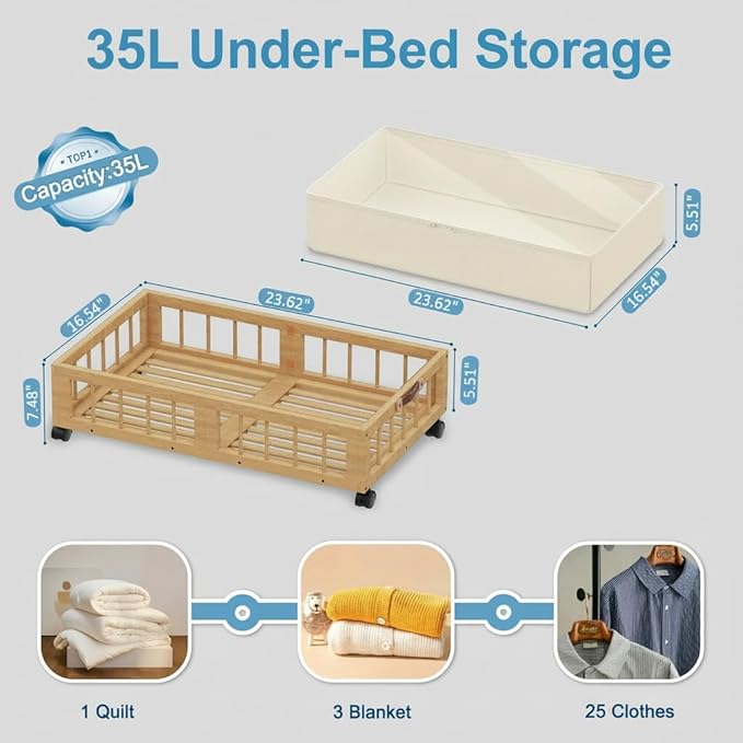 2-Pack Bamboo Under Bed Storage Containers with Wheels, Nature