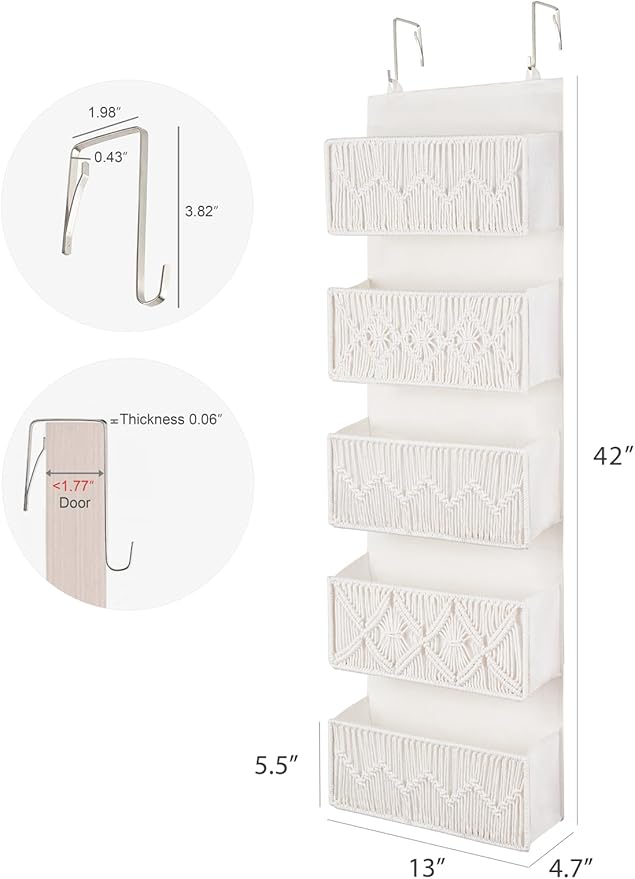 Dahey Over The Door Organizer Macrame Boho Nursery Storage Decor with 5 Large Woven Pockets Closet Behind Hanging Organizer for Bedroom Nursery Bathroom Apartments Dorm Pantry Decoration,White