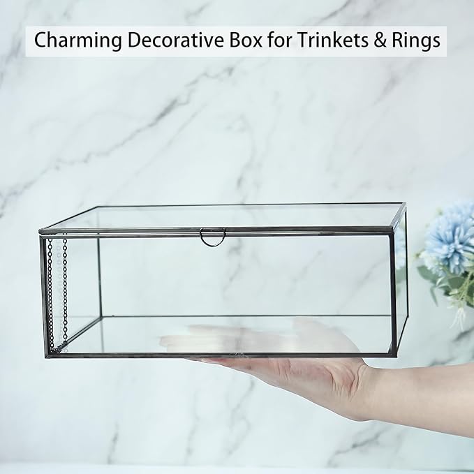 HighFree Vintage Glass Box with Lid - Clear Jewelry Glass Display Box Keepsake Box - Home Decor Decorative Box for Trinket Rings Bracelet (Black, Large)
