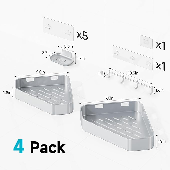 Veken Aluminum Corner Shower Caddy 4-Pack, Never Rust, No Drilling Adhesive Shelves, Stainless Rack with Soap Holder, Bathroom Organizers and Storage, Wall-Mounted Kitchen & Home Decor, Silver