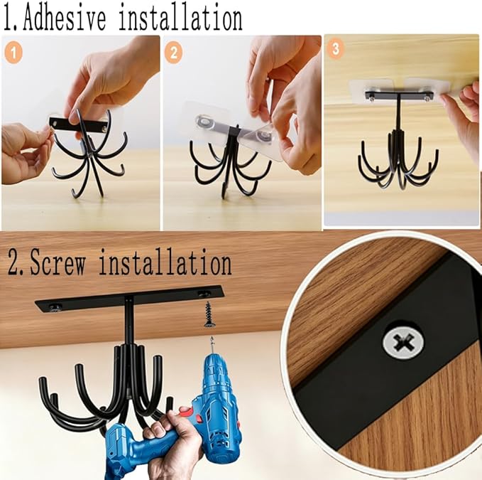 Metal Under Cabinet Kitchen Utensil Hooks,360° Rotating Kitchen Utensil Rack with 8 Hooks,Drilling Free Adhesive Utensils Hanging Rack for Tools/Towel/Knife (Black)