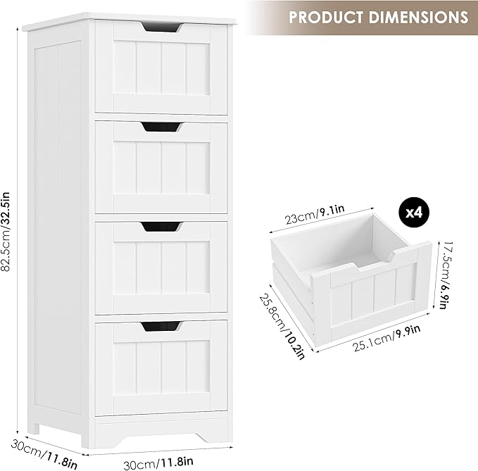 FOTOSOK Bathroom Storage Cabinet, Bathroom Cabinet with 4 Drawers, 11.8” x 11.8” x 32.5” Freestanding Entryway Cupboard Storage Organizer Unit Home Furniture Decor, White