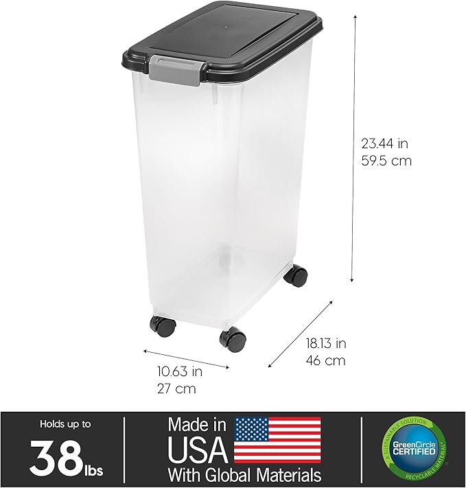 USA Airtight Dog Food Storage Container, Up to 38 lbs, Attachable Wheels, Black