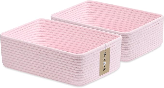 MiniArk Large Shallow Organizing Baskets 15x11x5.1 Inches - Rope Woven Storage Bins for Bathroom, Shelves, Cube Closet, Light Pink 2 Packs