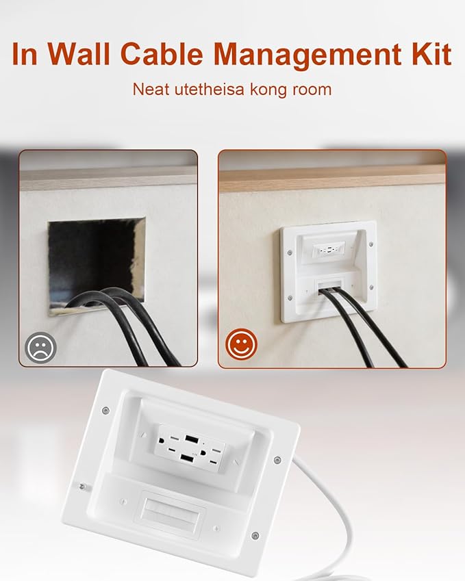 In Wall Cable Concealer Kit with Brush Wall Plate AC Outlets and 2 USB Ports, 9ft Cord, Hide Cords Recessed Wall Outlet for TV Cable Management, HDMI Cables and Home Theater Systems