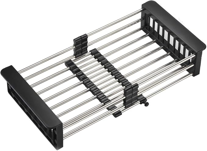 Dish Drying Rack, Over The Sink Dish Drying Rack, Stainless Steel Drainer with Adjustable Arms Holder Functional Kitchen Sink Organizer for Vegetable and Fruit, Black