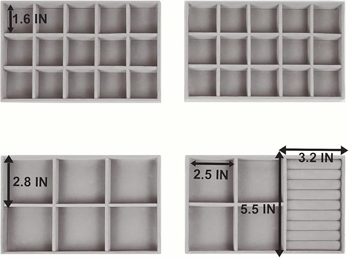 Set of 4 Stackable Jewelry Trays Organizer, Velvet Earring Organizer, Gray
