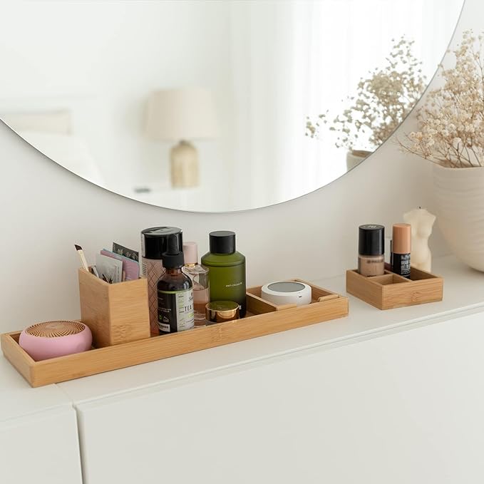 Bamboo Vanity Tray, 6-Piece Bathroom Countertop Vanity Tray Set