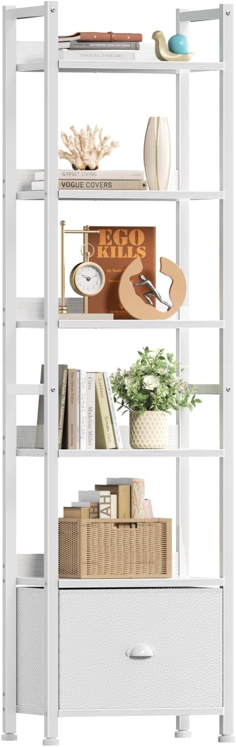 6 Tier Bookshelf, Tall Shelf with Drawer, White