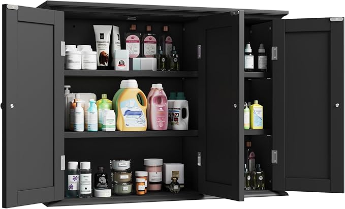 Bathroom Wall Cabinet with 3 Doors, Laundry Cabinet Wall Mounted, Black