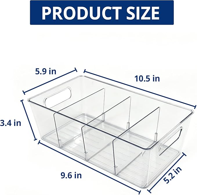 4 Pack Pantry Organizers and Storage, Food Storage Containers with 3 Removable Divider for Kitchen, Fridge, Cabinet Organization, Clear Plastic Storage Bins for Snacks, Spice Packets, Packets, Pouches