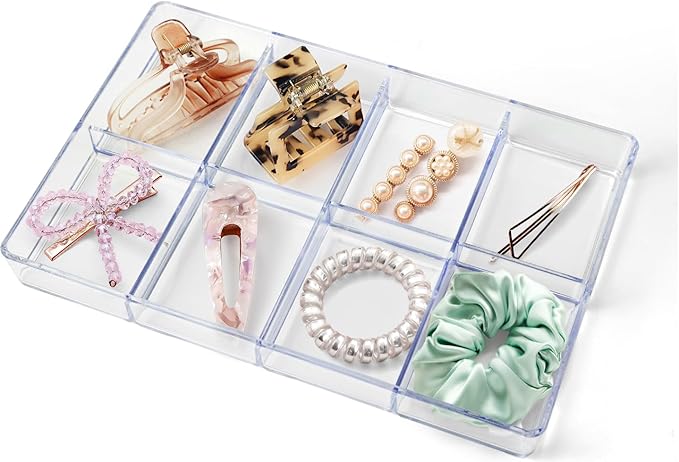 carrotez Small Stackable Jewelry Organizer Tray, 8 Grid, Clear Plastic Drawer Organizer for Makeup, Accessories, Desk, Vanity