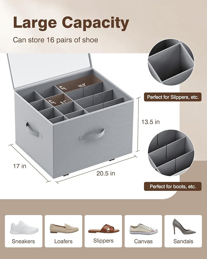 HOUSE AGAIN Shoe Organizer for Closet, Shoe Storage Organizer with Wheels, Foldable Shoe Storage Box with Adjustable Dividers and Clear Cover, Reinforced Handles, Fits up to 16 Pairs, Gray
