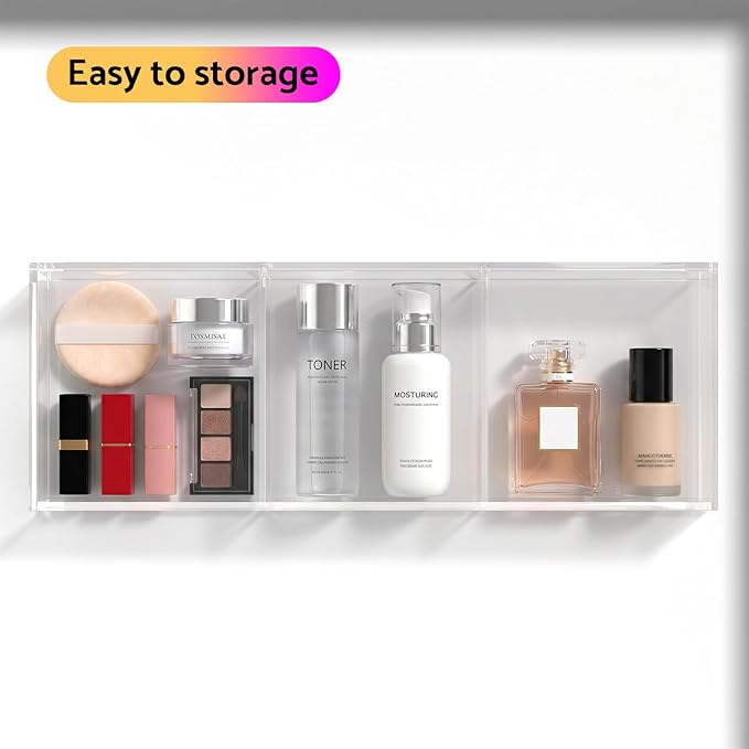 HIIMIEI 3 Section Clear Acrylic Drawer Organizer Tray, Office & Makeup Drawer Organizer (11.8x4.3 inch)