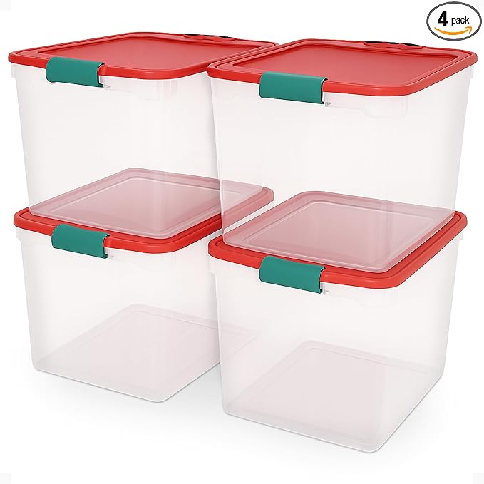 4-Pack Holiday Tote, Plastic Storage Organizer Bins with Lids, 31 Quart