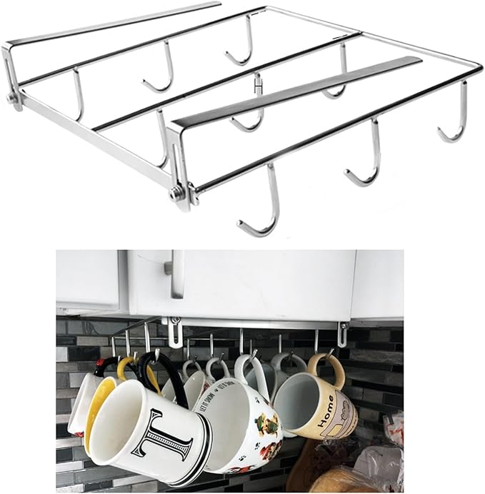 Mug Holder Under Cabinet for 1.18"- 1.96" Thickness Cabinet Base, 9 Hooks Cup Organizer Hanging Coffee Mug Rack Tea Cup and Utensil Hooks Drilling Free Mug Hanger Under Shelf