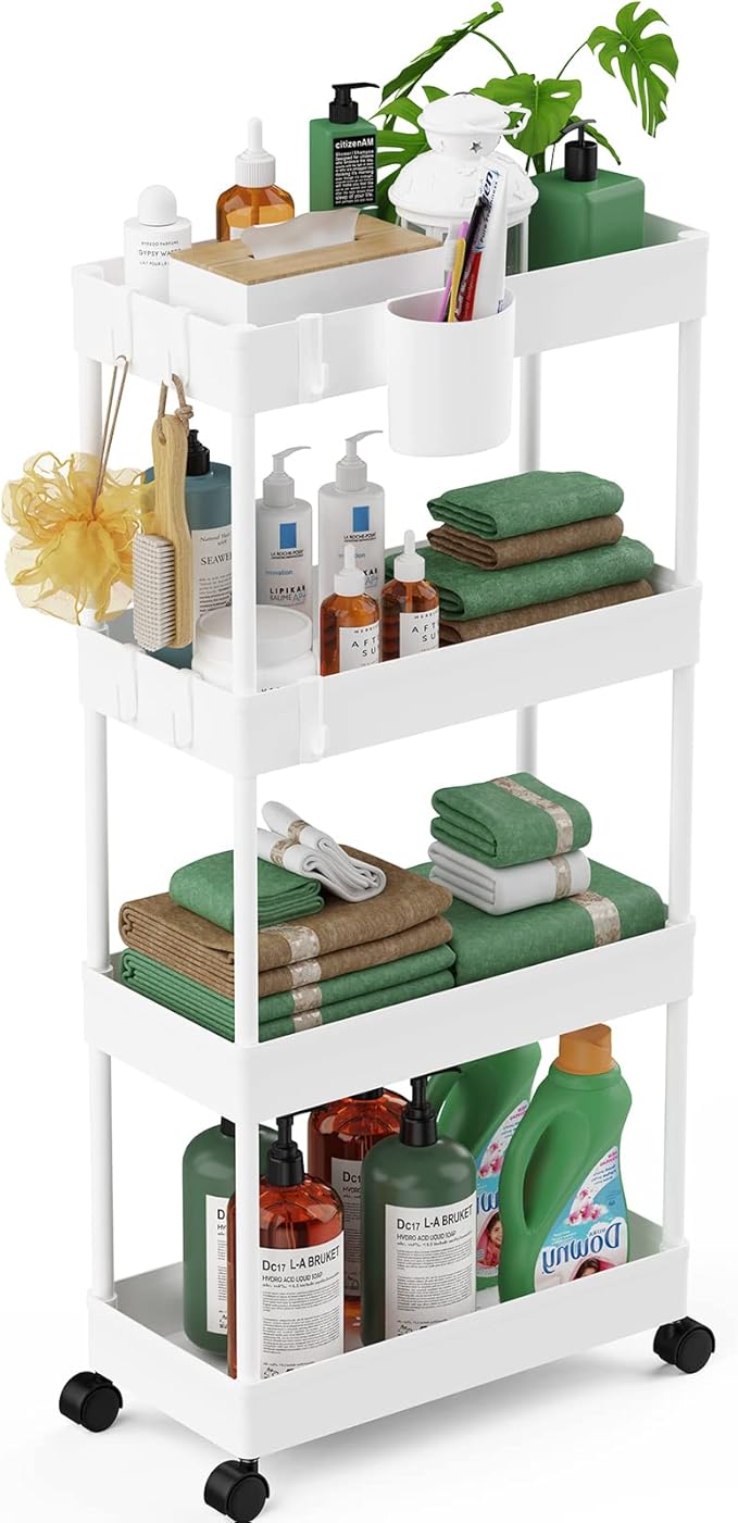 Slim Rolling Storage Cart, 7.1" W+White
