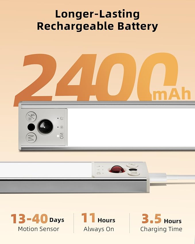 EZVALO 10inch Under Cabinet Lighting, Rechargeable Motion Sensor Light Indoor with 3 Color Temperatures, Dimmable & Magnetic Closet Lights, Wireless Under Counter Lights for Kitchen, Stairs (2 Pack)