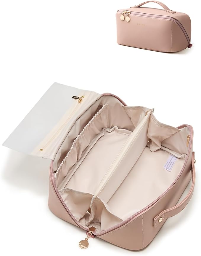 EACHY Travel Makeup Bag, Large Capacity Cosmetic Bag for Women, Waterproof PU Leather, Flat Open Portable Toiletry Bag for Skincare, Brushes & Travel Essentials