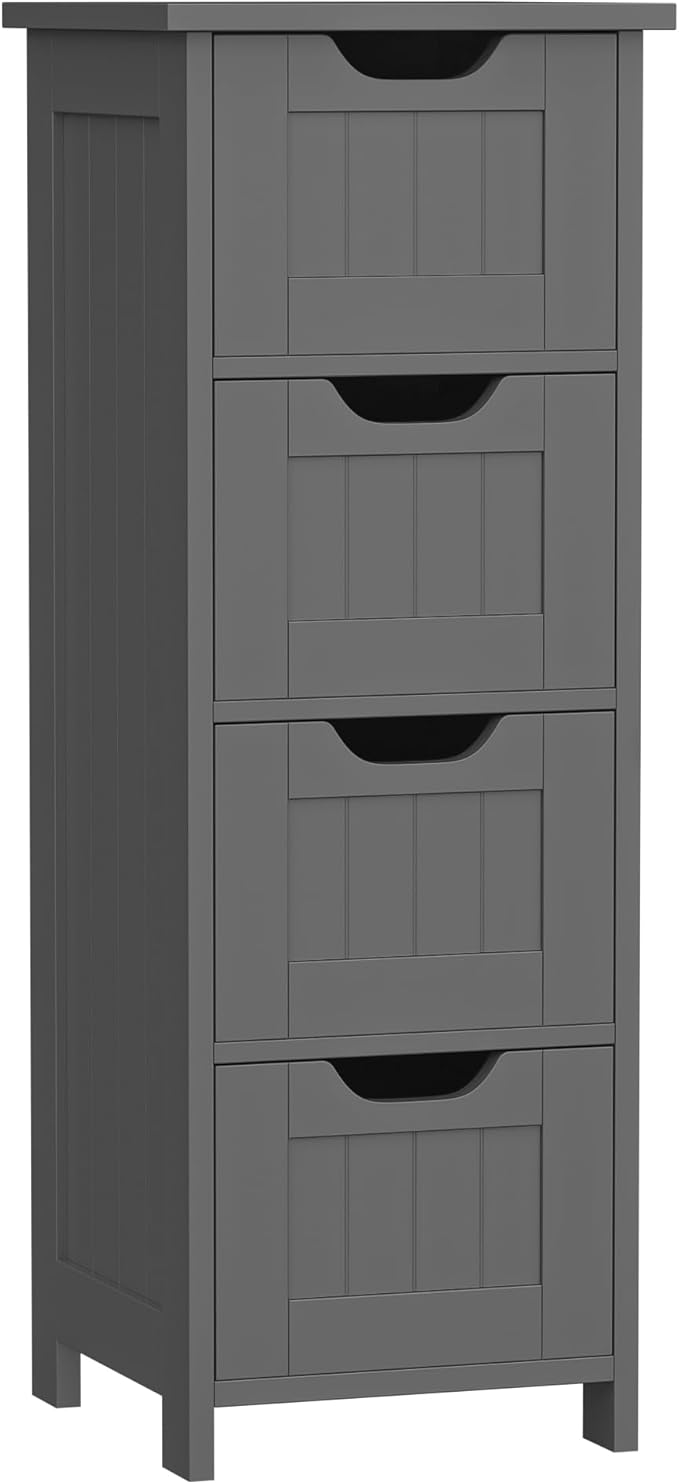 Bathroom Floor Storage Cabinet, Freestanding Wooden Side Organizer w/4 Drawers & Anti-Tip Kit for Bathroom Living Room Hallway Office Study, Grey