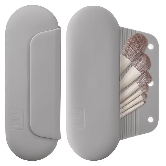 AGIKET Silicone Makeup Brush Holder Travel Cosmetic Bag：Soft Portable Cosmetic Face Brushes Holder with Upgrade Anti-Fall Out Magnetic Closure, Large Travel Makeup Brush Case - Stone