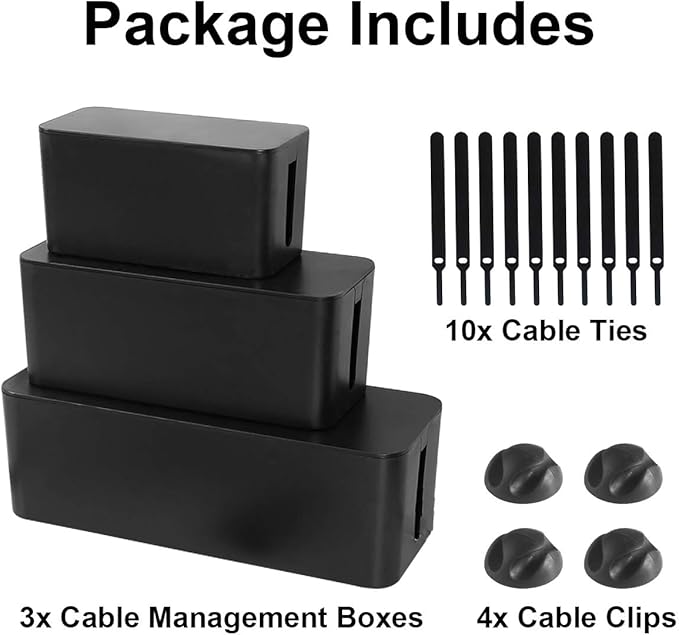 Cable Management Box - 3 Pack Cord Organizer Box for Desk - Large Medium Small Cable Box to Hide Power Strip & Wires - Pet-Safe Cord Hider for TV Computer Under Desk - Black
