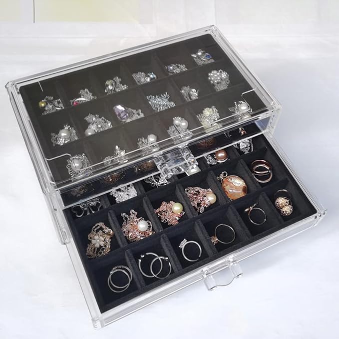 YUFONG Earring Organizer Box Acrylic Jewelry Organizer with 3 Drawers 54 Adjustable Grids Clear Stackable Earring Holder Velvet Trays Ring Display Case for Women Girls (Black)