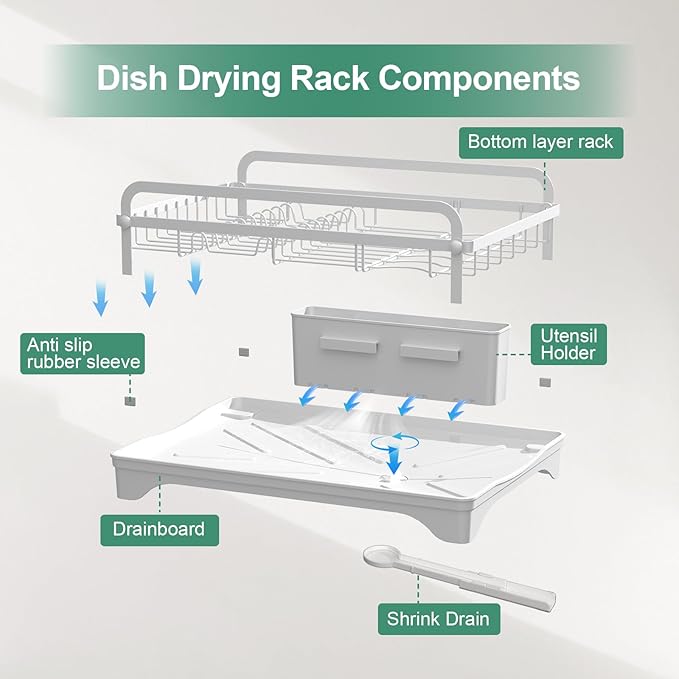 Dish Drying Rack,Dish Racks for Kitchen Counter, Metal Dish Drainer with Adjustable Drainage Spout, Removable Knife and Fork Holder (White)