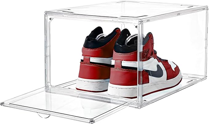 Ultra All Clear Shoe Boxes Plastic Stackable Professional Grade Shoe Display Case with Magnetic Front Drop Door Open Easy Assembly Modern Shoe Sneaker Display Case Fits US Size 14