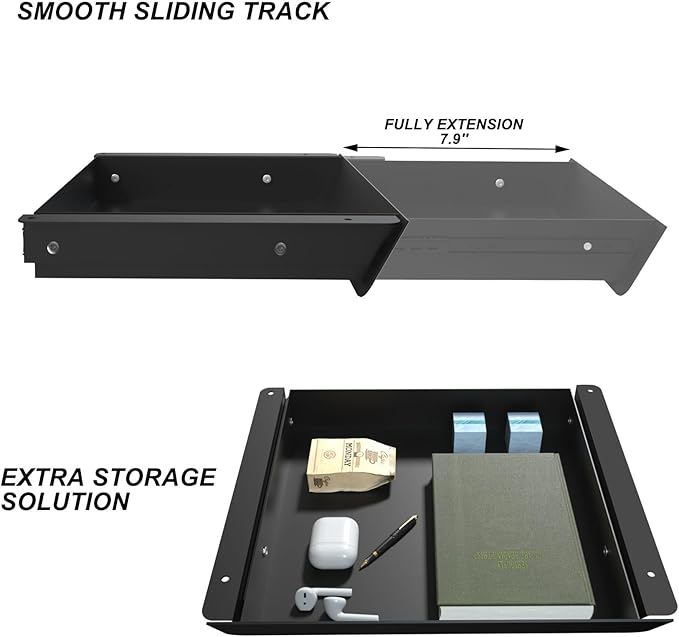 Under Desk Mounted Sliding Drawer with 60 Degree Tilt Panel to Pull Out, 15'' Long & 9'' deep Large Storage Organizer for Sit Stand Workstation