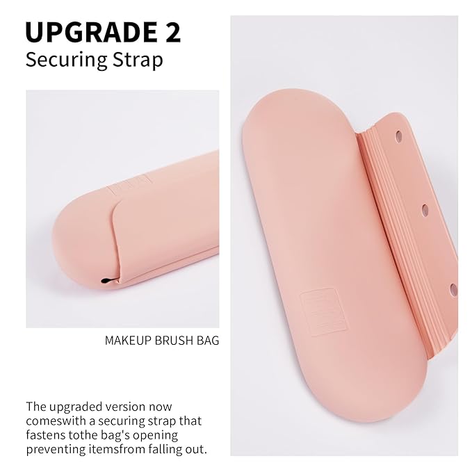 AGIKET 2 IN 1 Silicone Makeup Brush Holder with Beauty Make Up Sponge Holder Case：Soft Portable Cosmetic Face Brushes Holder with Upgrade Anti-Fall Out Magnetic Closure - Pink Sand