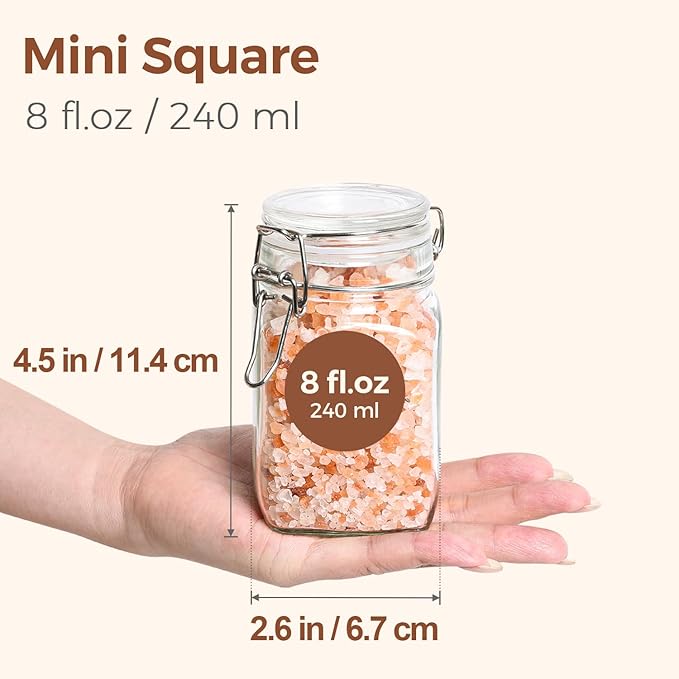 Set of 12 Square Glass Jars with Airtight Lids (8 Oz)