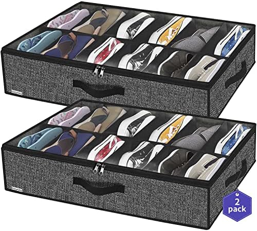 Sturdy Under Bed Shoe Storage Organizer, Set of 2, Fit 12 to 24 Pairs, Underbed Shoes Closet Storage Solution with Clear Window, Breathable, L29.3 x W23.6 x H5.9, Linen-like Black, MXAUBSB2P