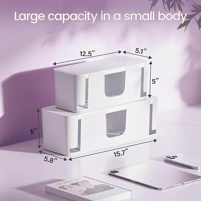 2 Pack Cable Management Box, Stylish Cable Box with Cord Organizer for Desk