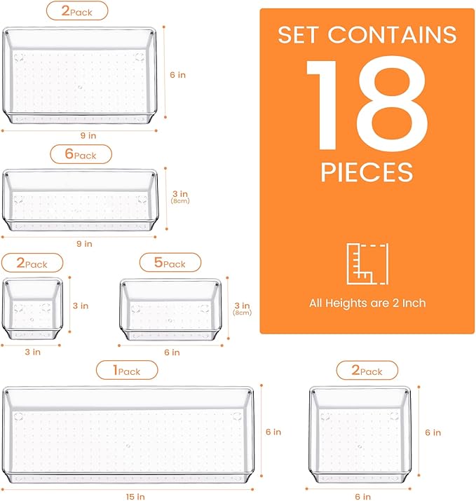 Drawer Organizer, 18 Pack Large Clear Plastic Kitchen Drawer Organizers Set