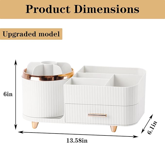 Rotating Makeup Organizer for Vanity with Brush Holder and Drawer, White