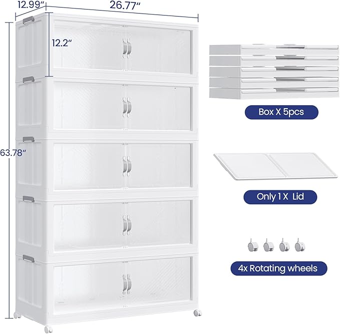 150Gal/600QT 5-Tiers Extra Large Stackable Storage Bins with Lid, Collapsible Cabinet Closet Organizer Plastic Container Box with Wheels Doors Drawers for Office Dorm Kitchen, White