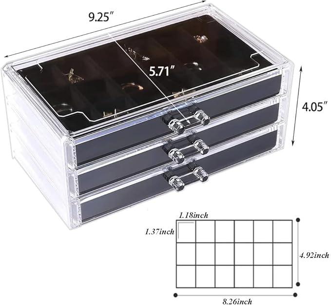 YUFONG Earring Organizer Box Acrylic Jewelry Organizer with 3 Drawers 54 Adjustable Grids Clear Stackable Earring Holder Velvet Trays Ring Display Case for Women Girls (Black)