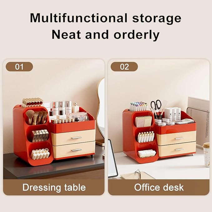 Makeup Organizer with Drawers, Red and Cream